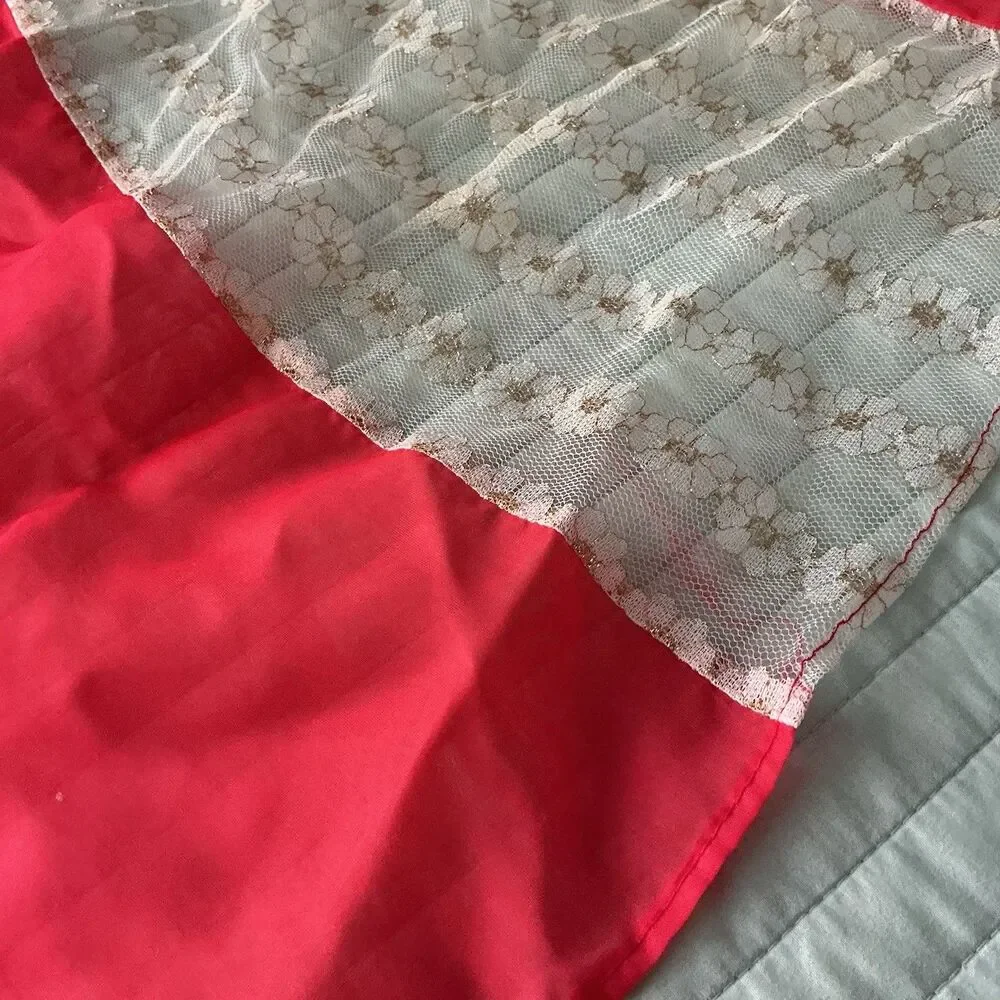 Vintage Red Sheer Hostess Apron White Floral Lace Overlay Retro 1950s 60” Tie